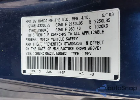 2003 Honda Cr-V Lx from USA, damaged, VIN SHSRD78423U140562